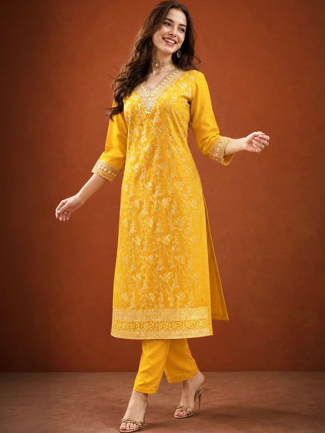 SAINOOR Women Ethnic Motifs Embroidered Regular Kurta with Trousers & With Dupatta thumbnail 4