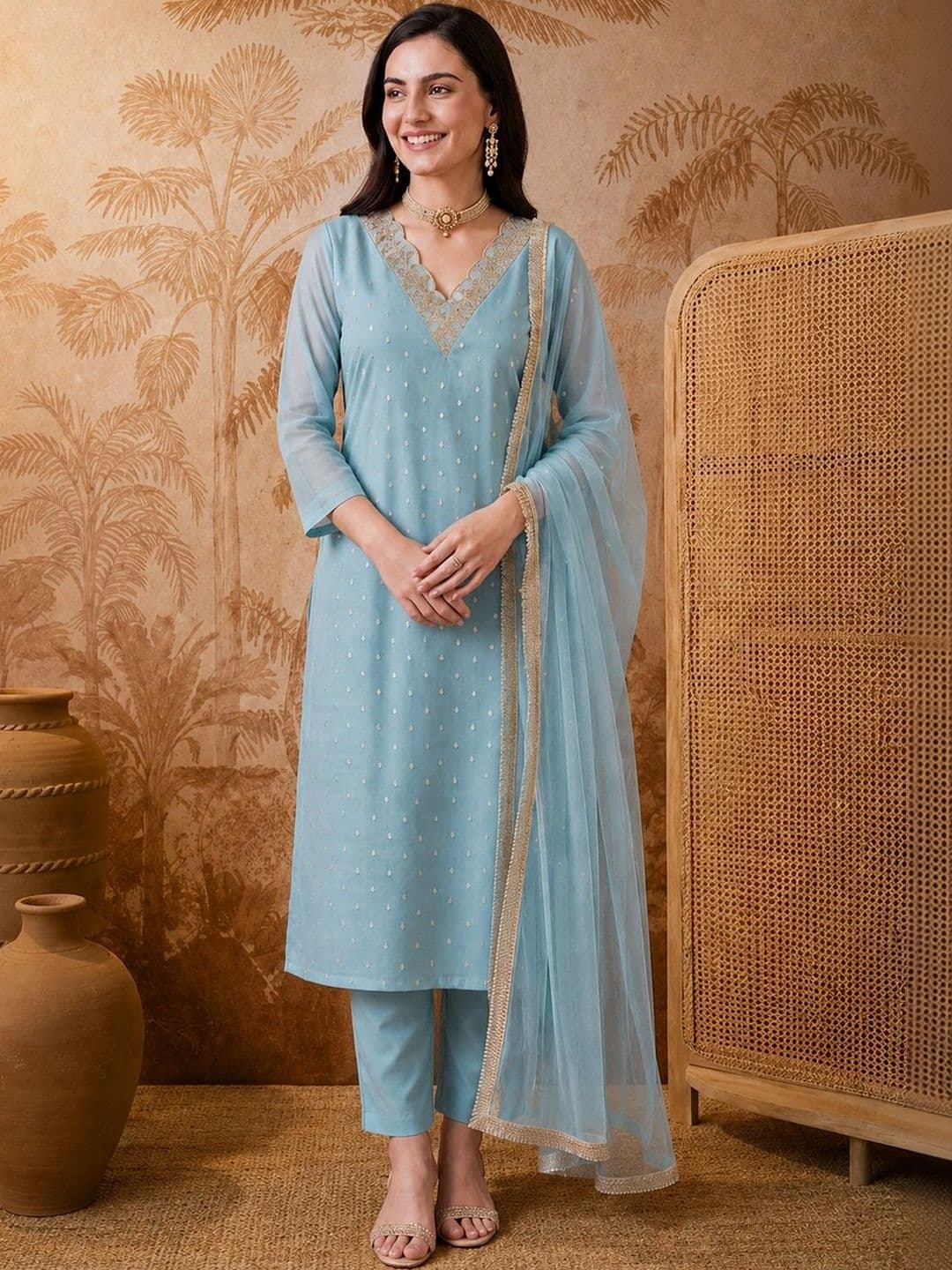 SAINOOR Women Ethnic Motifs Embroidered Regular Thread Work Kurta with Trousers & With Dupatta - view 1