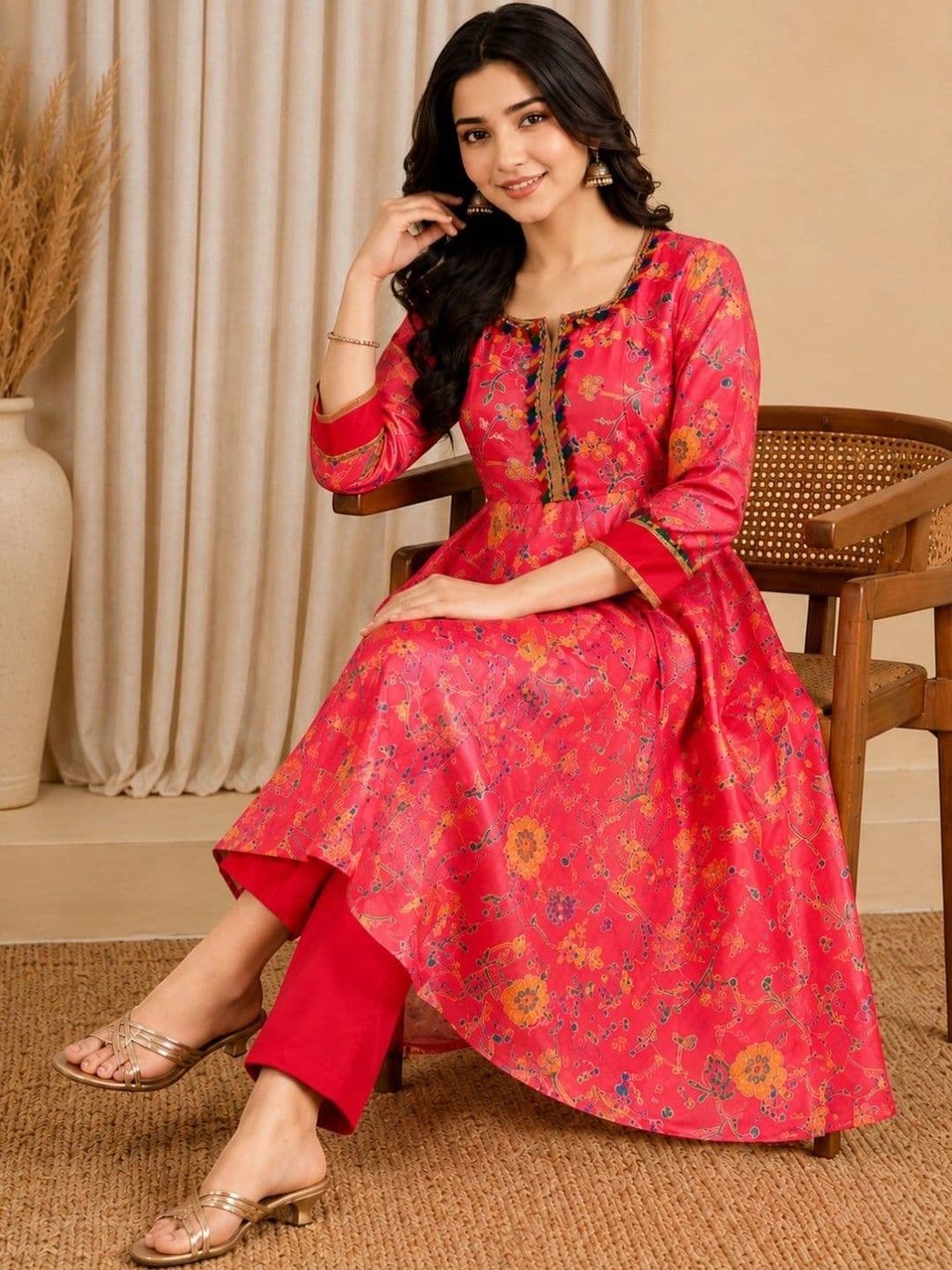 EELIKA Women Floral Printed Regular Thread Work Kurta with Trousers thumbnail 3