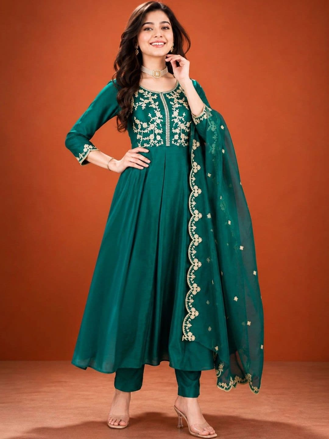 SAINOOR Women Ethnic Motifs Embroidered Empire Thread Work Kurta with Trousers & With Dupatta thumbnail 5