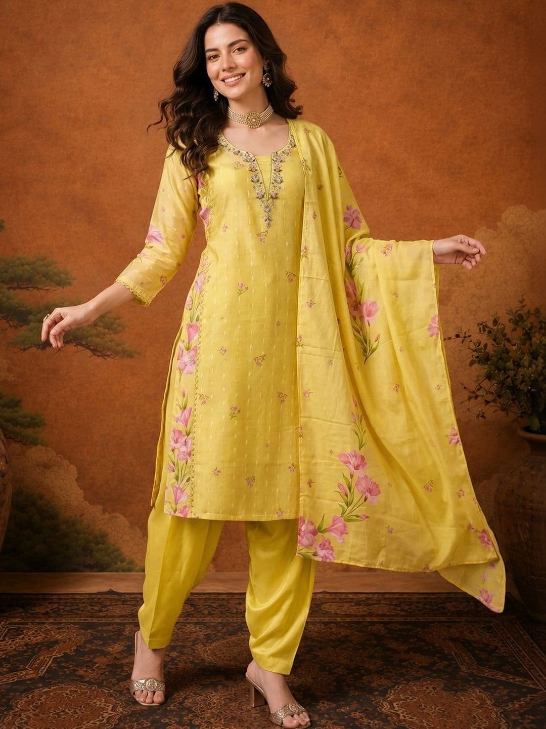 SAINOOR Women Floral Embroidered Regular Thread Work Kurta with Patiala & With Dupatta - view 1