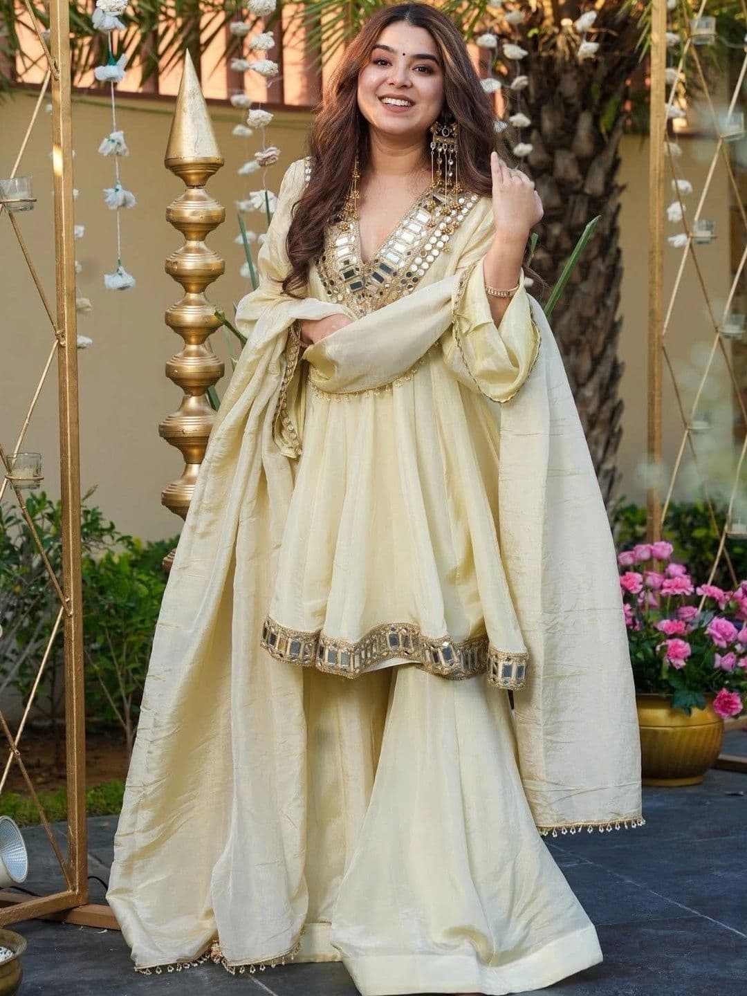 Mitera Women Empire Mirror Work Silk Chiffon Kurta with Sharara & With Dupatta thumbnail 2
