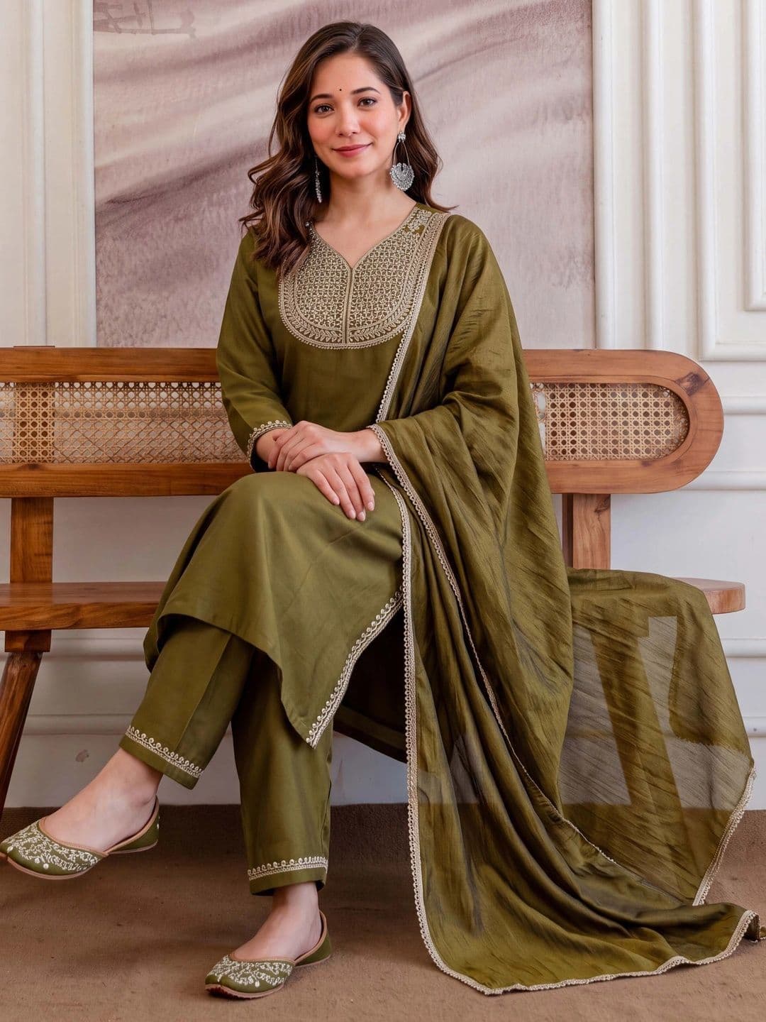 Shree Ramkrishna Fab Women Ethnic Motifs Embroidered Regular Thread Work Kurta with Trousers & With Dupatta - view 1