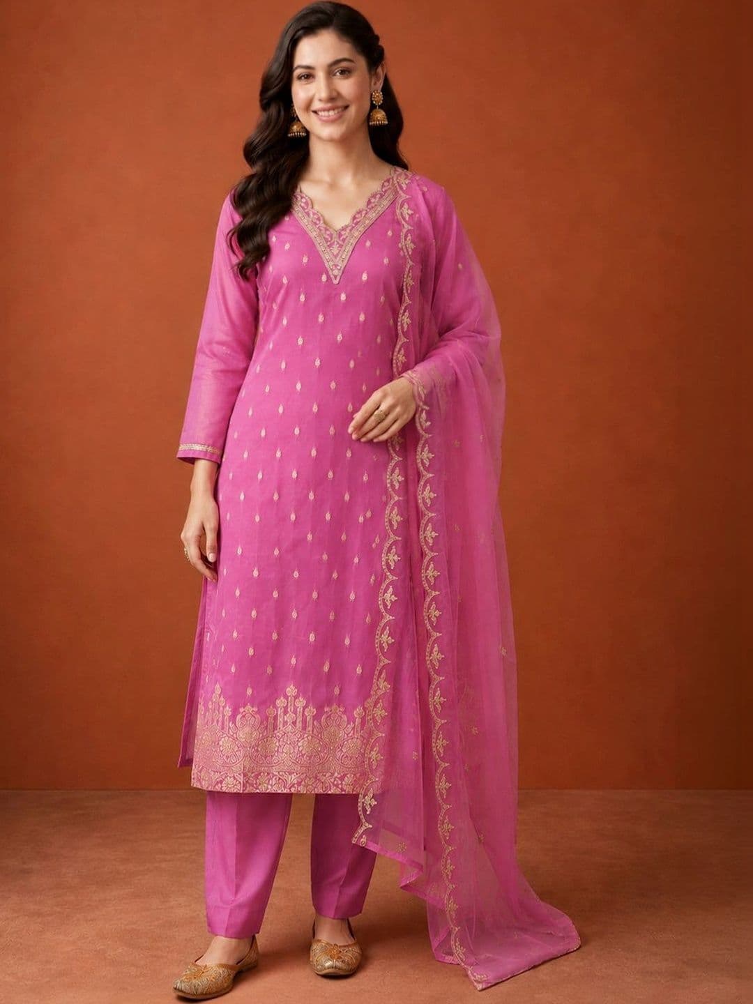 SAINOOR Women Ethnic Motifs Embroidered Regular Kurta with Trousers & With Dupatta thumbnail 3
