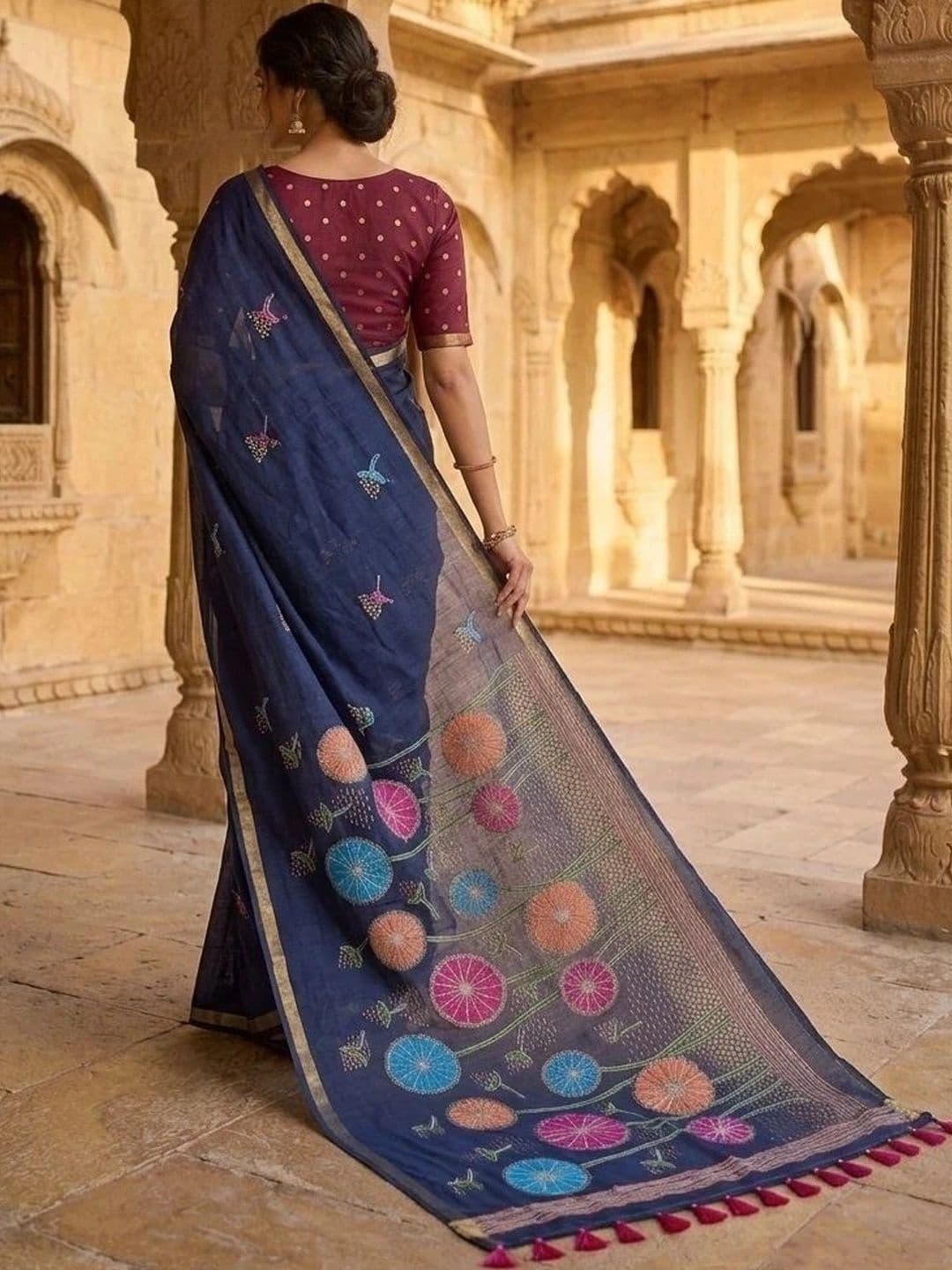 Fashion Mantra Embroidered Linen Blend Saree thumbnail 3