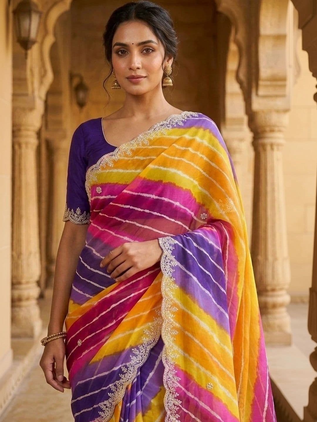 PRANU TRENDS Leheriya Embroidered Poly Georgette Saree thumbnail 3