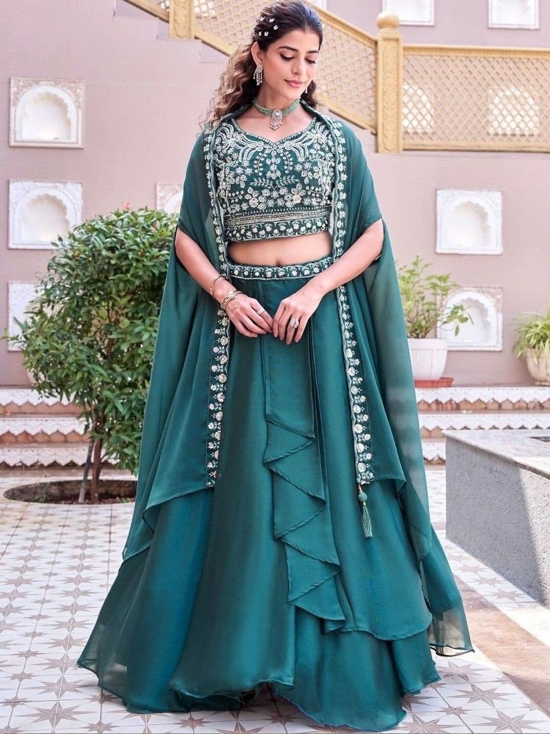 Shree Ram Creation Embroidered Thread Work Ready to Wear Lehenga & Blouse With Dupatta - view 1