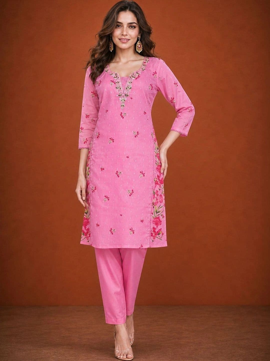 SAINOOR Women Floral Printed Regular Thread Work Kurta with Trousers & With Dupatta thumbnail 3