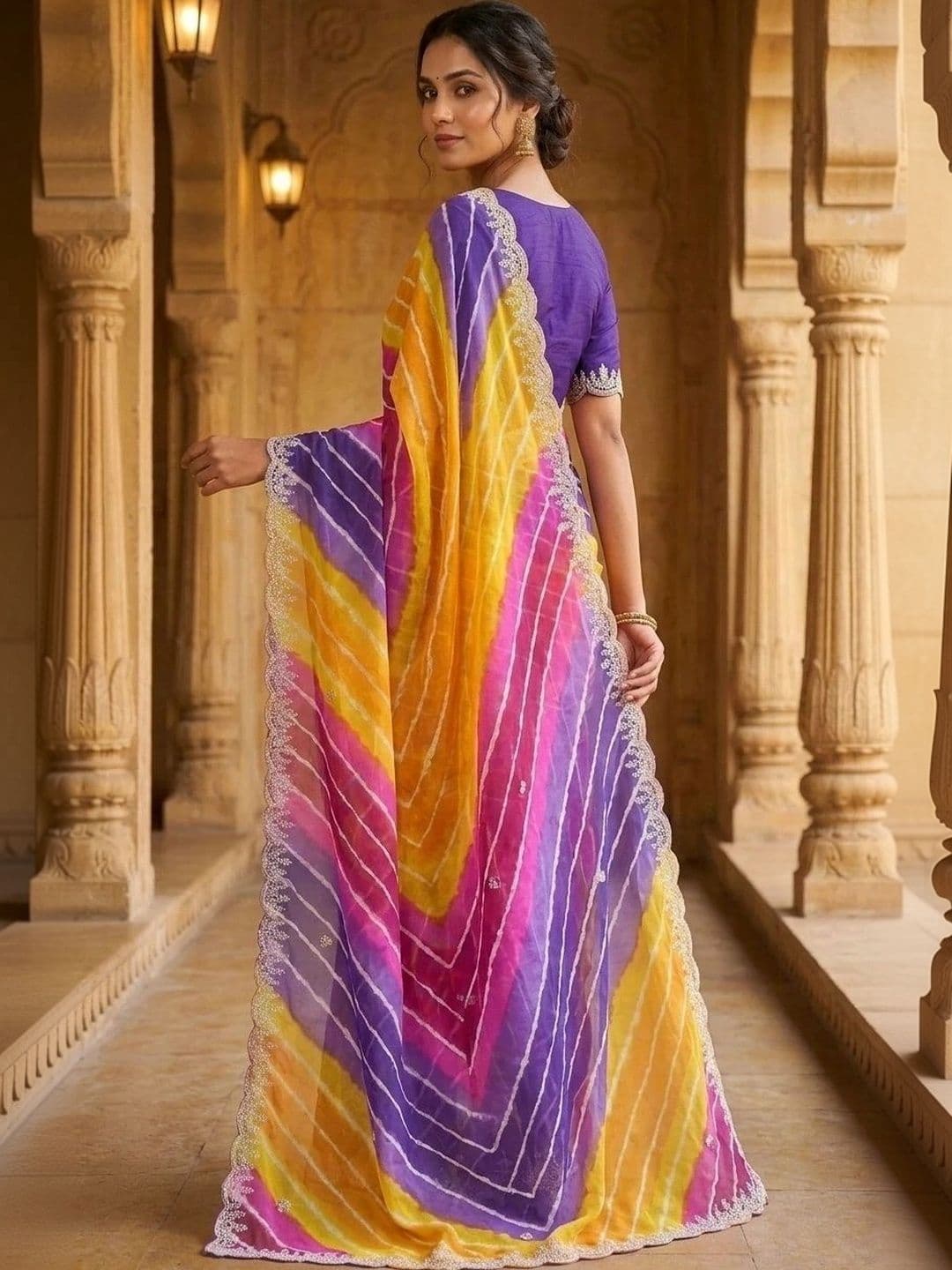 PRANU TRENDS Leheriya Embroidered Poly Georgette Saree thumbnail 4