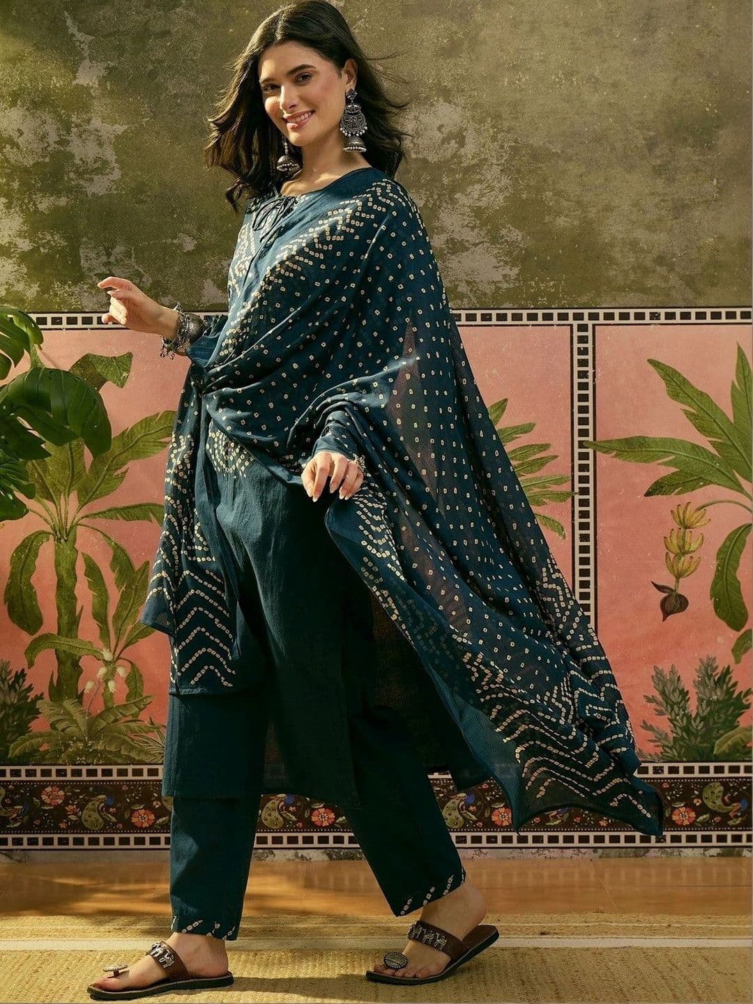 NAKSHKURTIS Women Bandhani Printed Regular Kurta with Trousers & With Dupatta thumbnail 7
