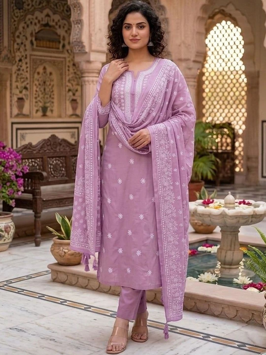 RADHEY KRISHNA CREATION Women Ethnic Motifs Embroidered Regular Chikankari Kurta with Trousers & With Dupatta thumbnail 4