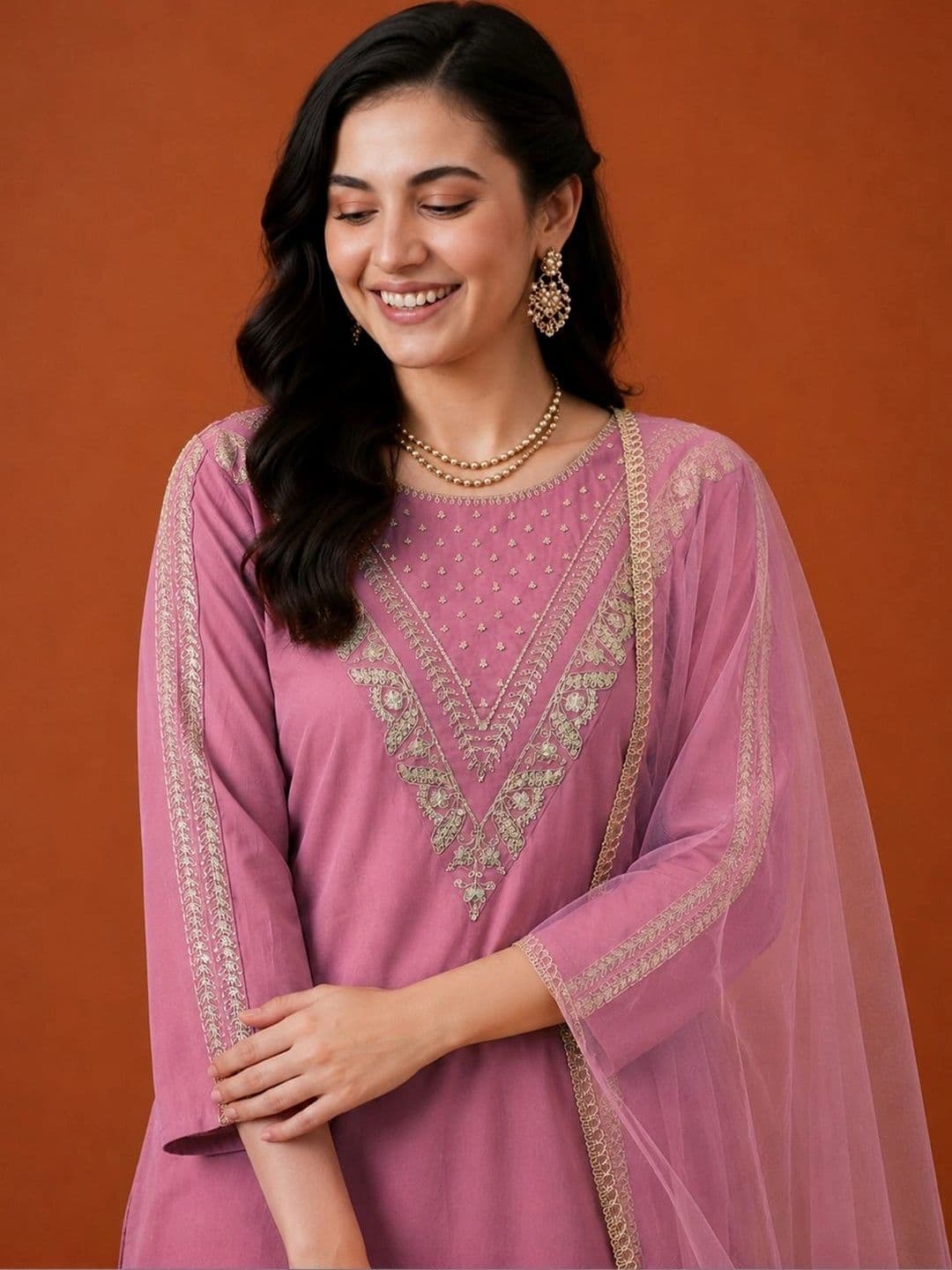 SAINOOR Women Ethnic Motifs Embroidered Regular Kurta with Trousers & With Dupatta thumbnail 6