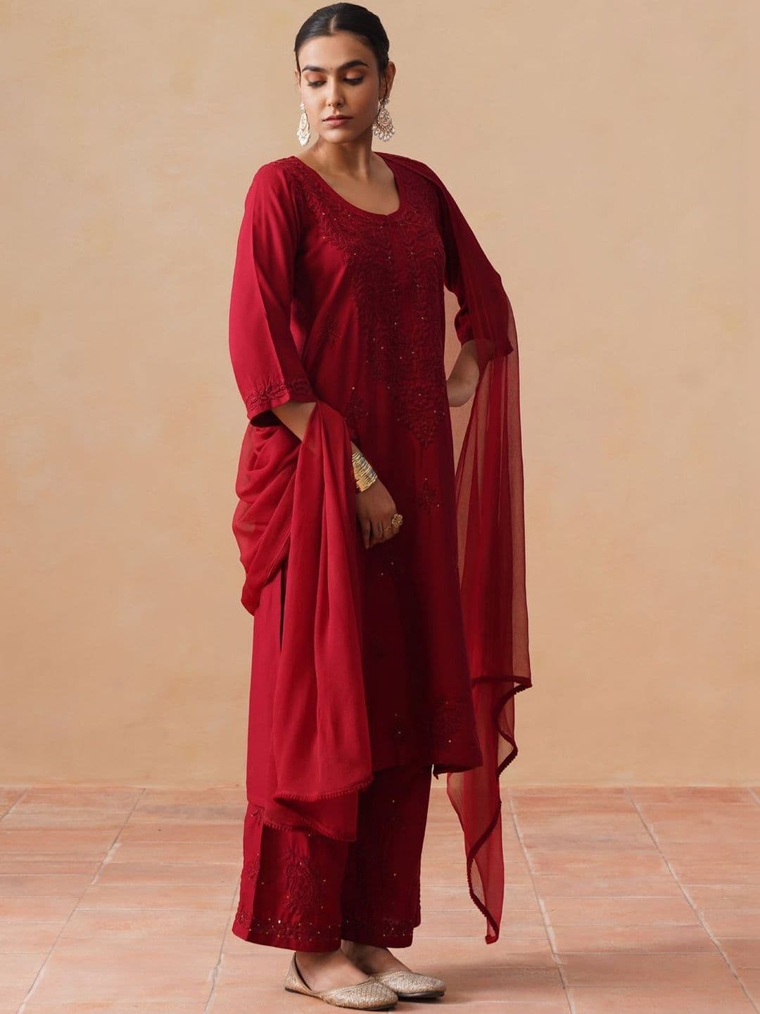SAZRIKA Ethnic Motifs Embroidered Regular Thread Work Kurta with Palazzos & With Dupatta thumbnail 3