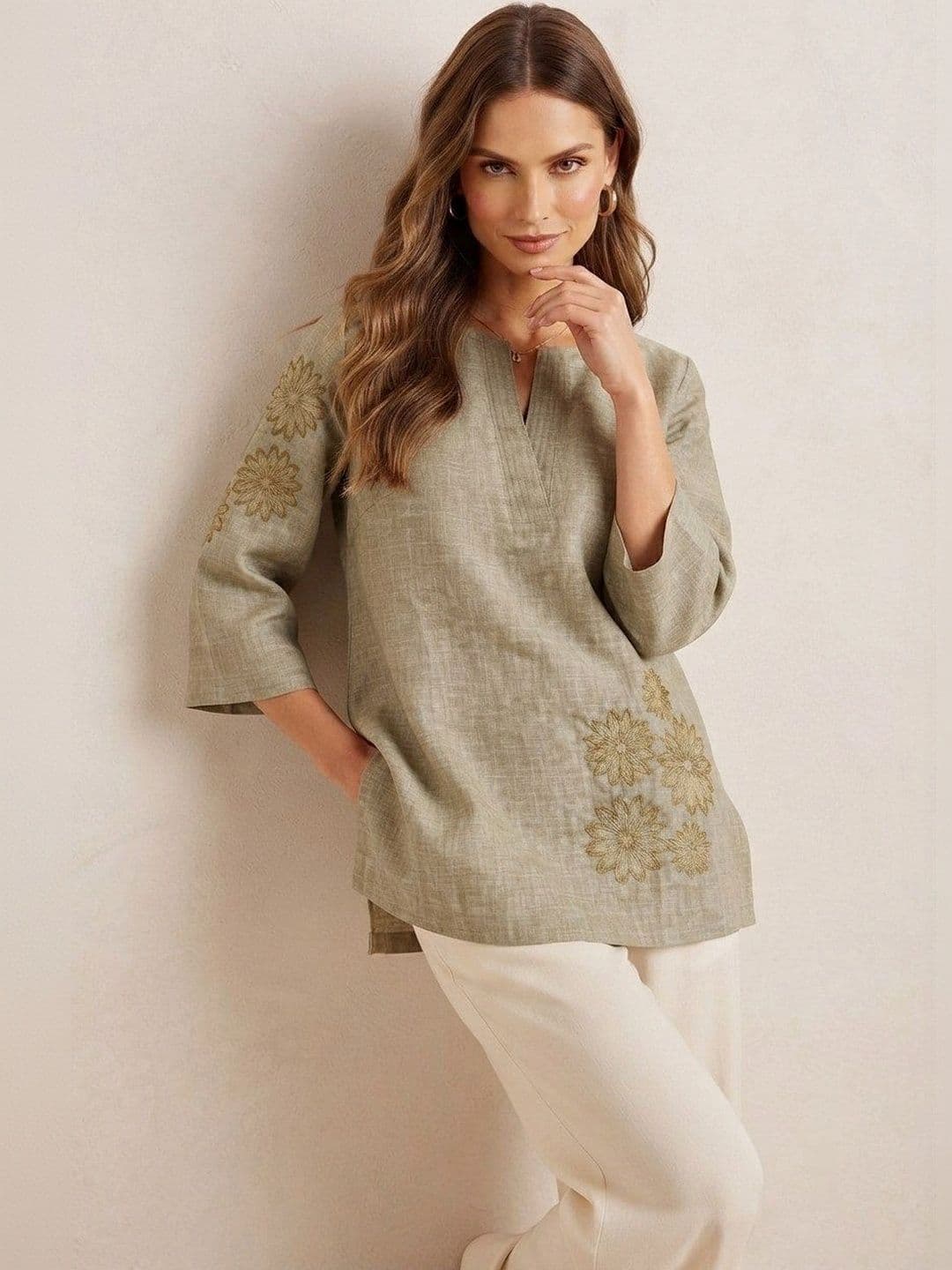 All about cotton Women Floral Embroidered Linen Top thumbnail 6