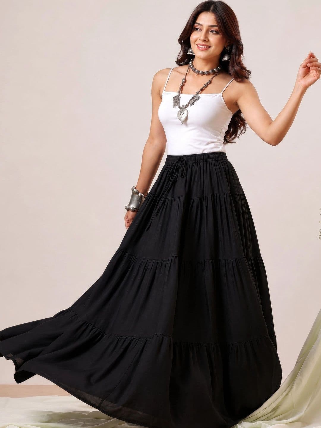 HARAYE Women Tiered Maxi Flared Skirt thumbnail 5
