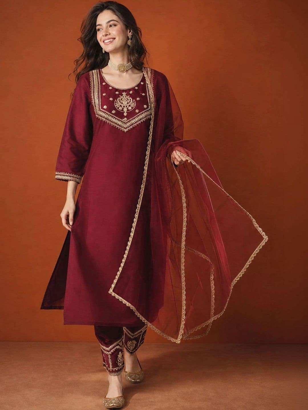 SAINOOR Women Ethnic Motifs Embroidered Regular Thread Work Kurta with Trousers & With Dupatta thumbnail 3