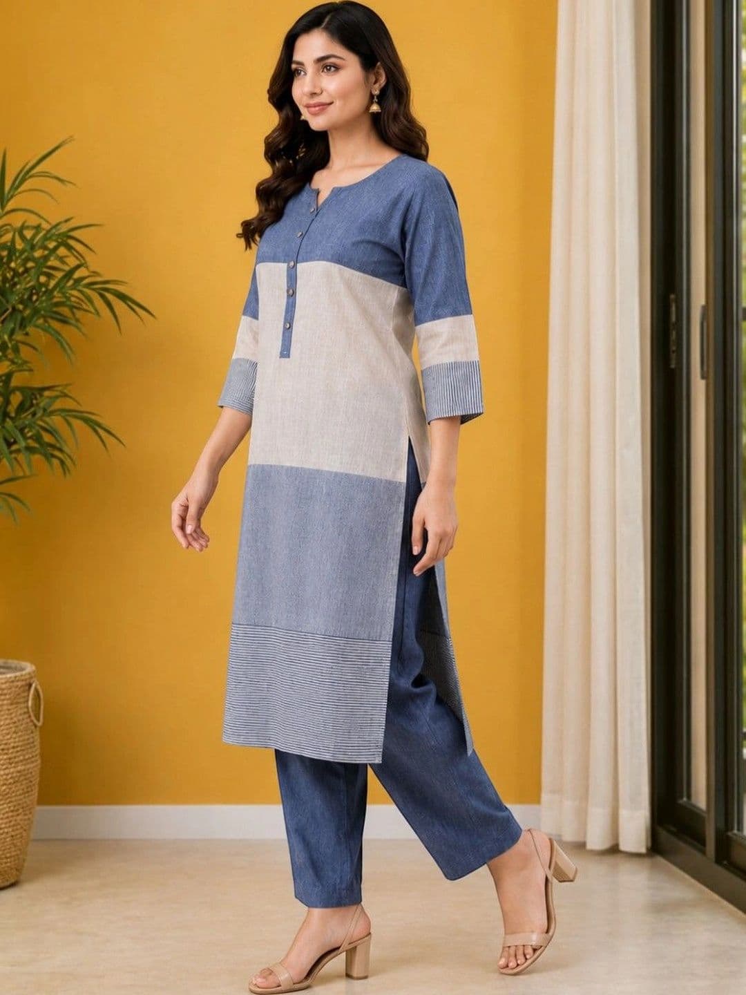 EELIKA Women Striped Regular Pure Cotton Kurta with Trousers thumbnail 3