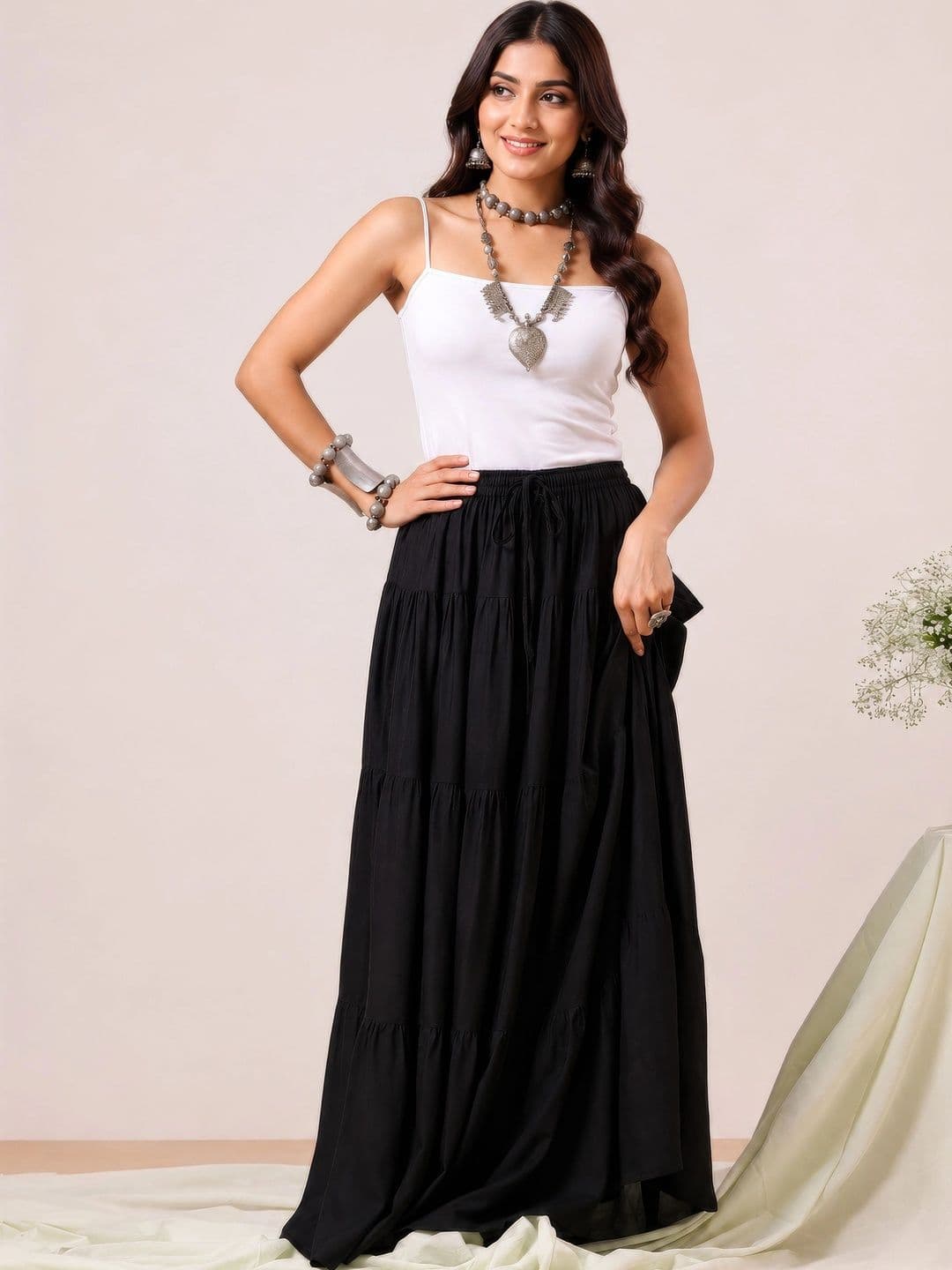HARAYE Women Tiered Maxi Flared Skirt thumbnail 4