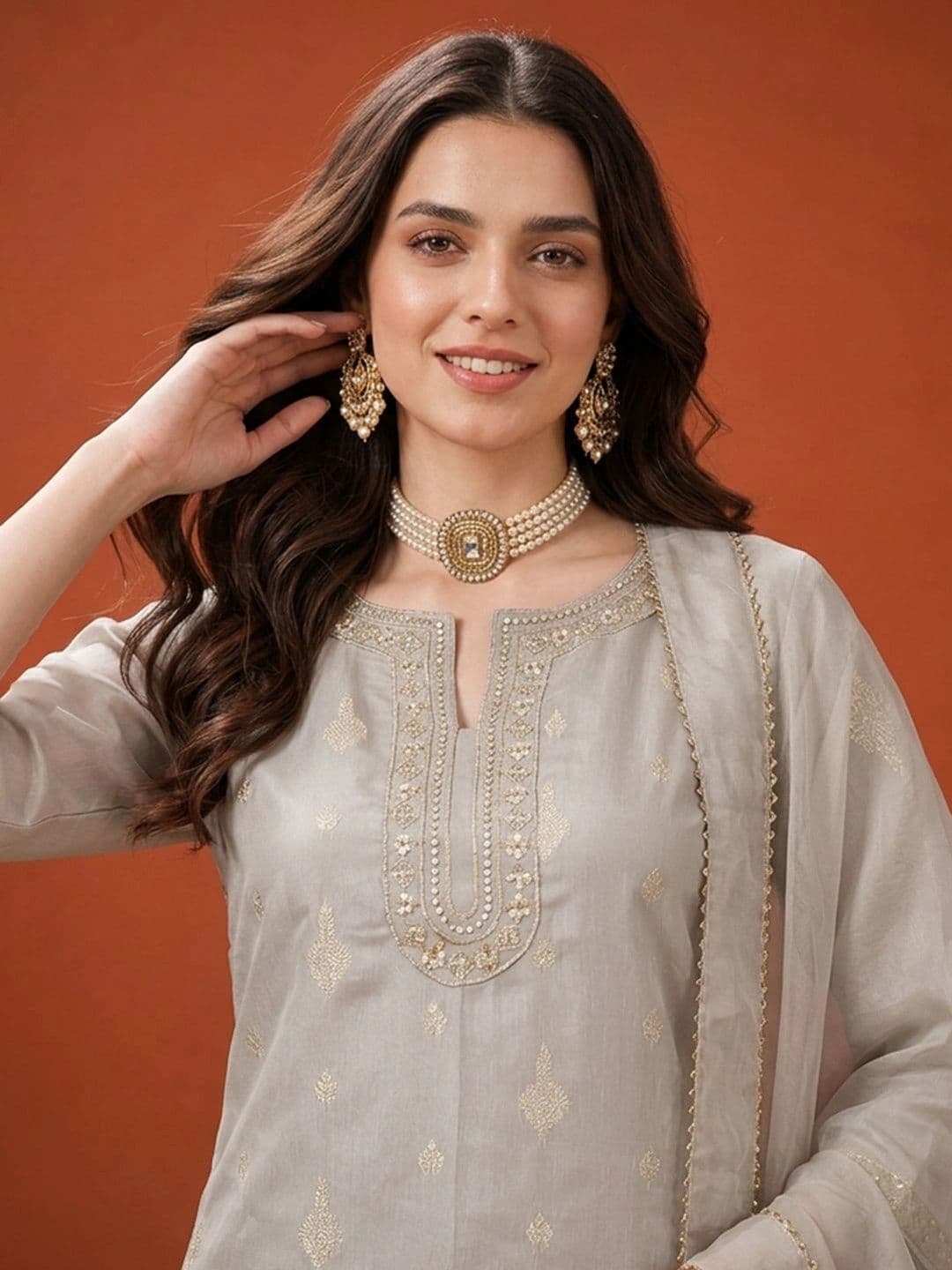SAINOOR Women Ethnic Motifs Embroidered Regular Thread Work Kurta with Trousers & With Dupatta thumbnail 3