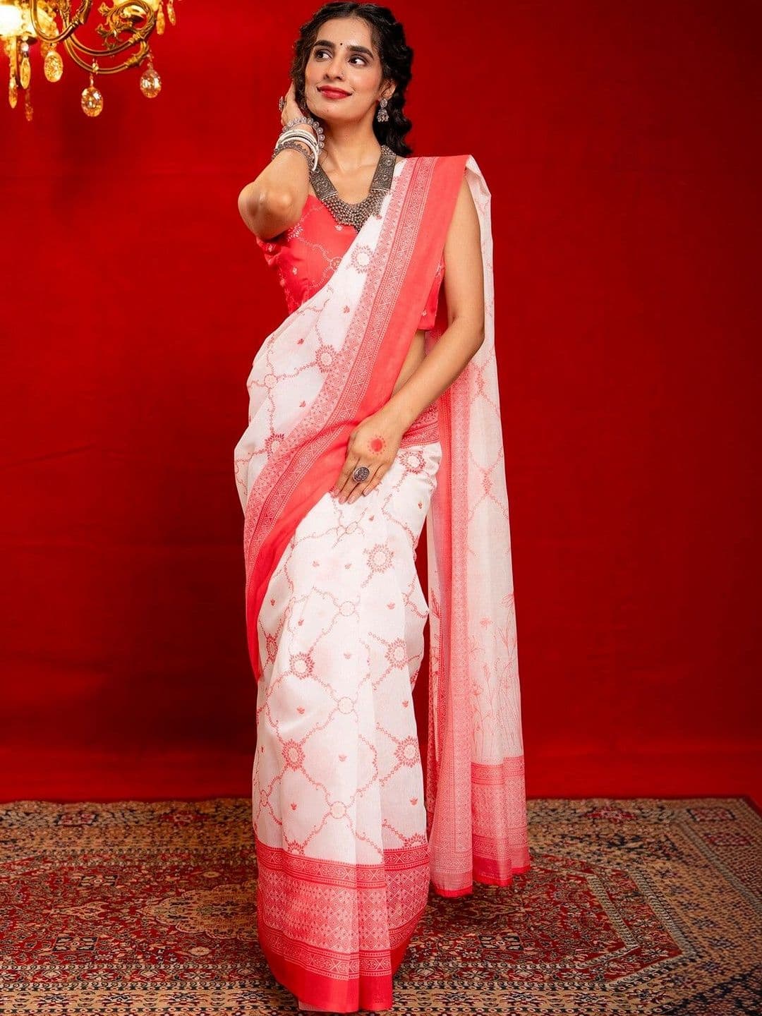 Satrani Women Woven Silk Printed Zari Border Saree With Blouse Piece thumbnail 6