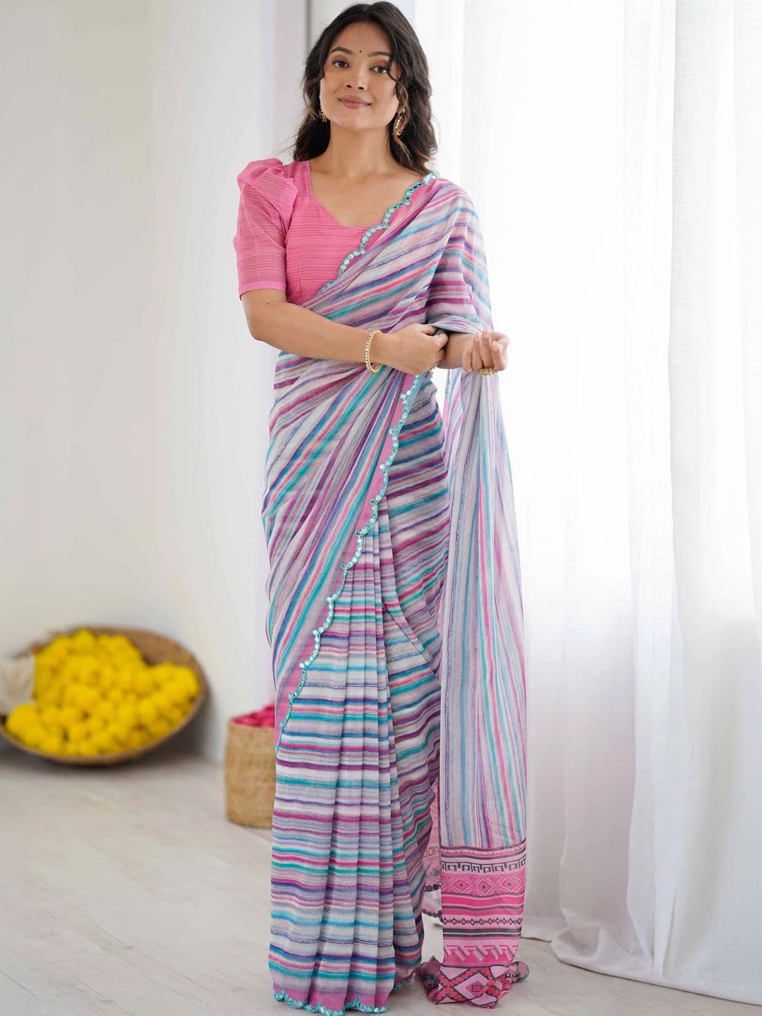 Mitera Striped Mirror Work Pure Georgette Saree - view 1