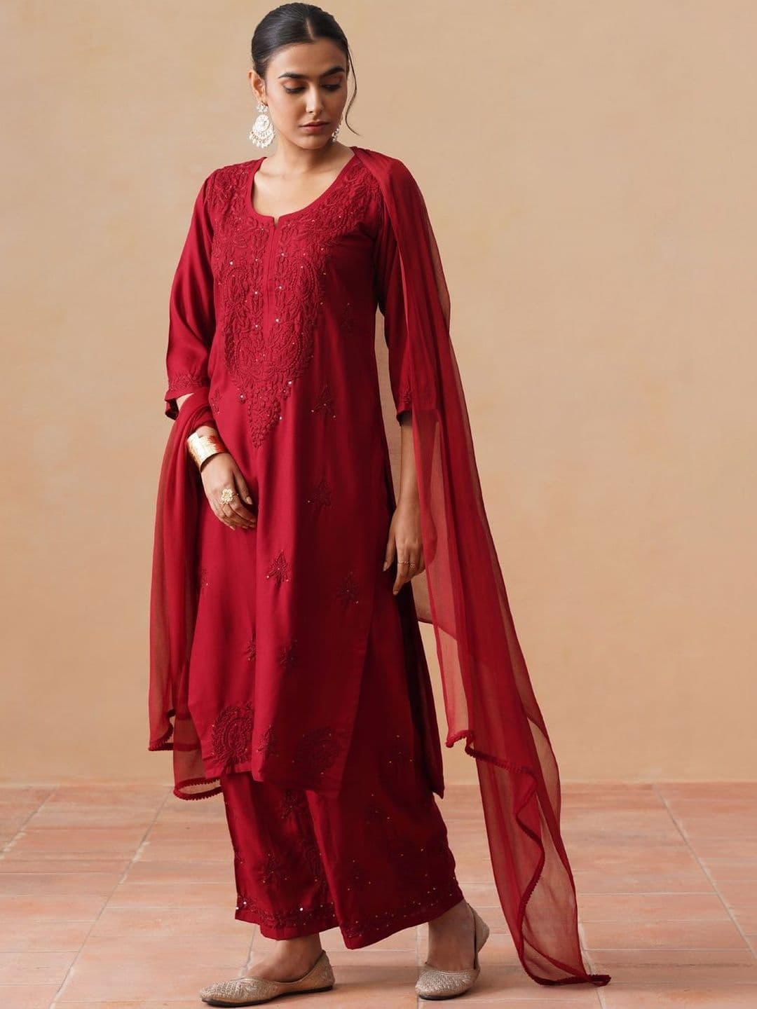 SAZRIKA Ethnic Motifs Embroidered Regular Thread Work Kurta with Palazzos & With Dupatta thumbnail 4