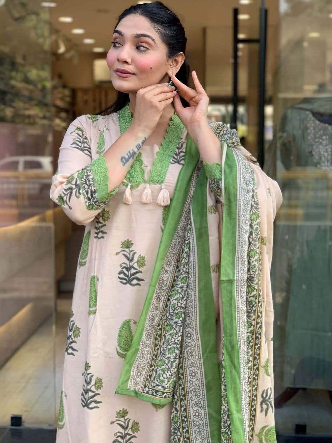 KALINI Women Ethnic Motifs Printed Regular Pure Cotton Kurta with Palazzos & With Dupatta thumbnail 3