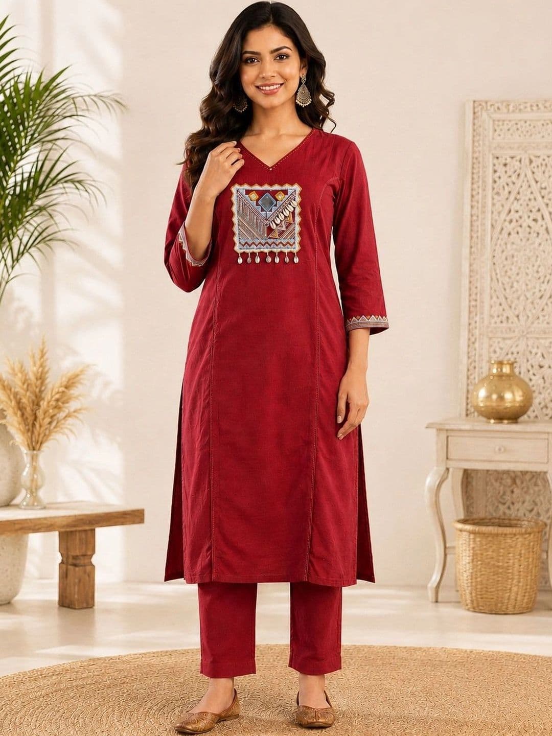 D K W Women Ethnic Motifs Embroidered Regular Mirror Work Pure Cotton Kurta with Trousers - view 1