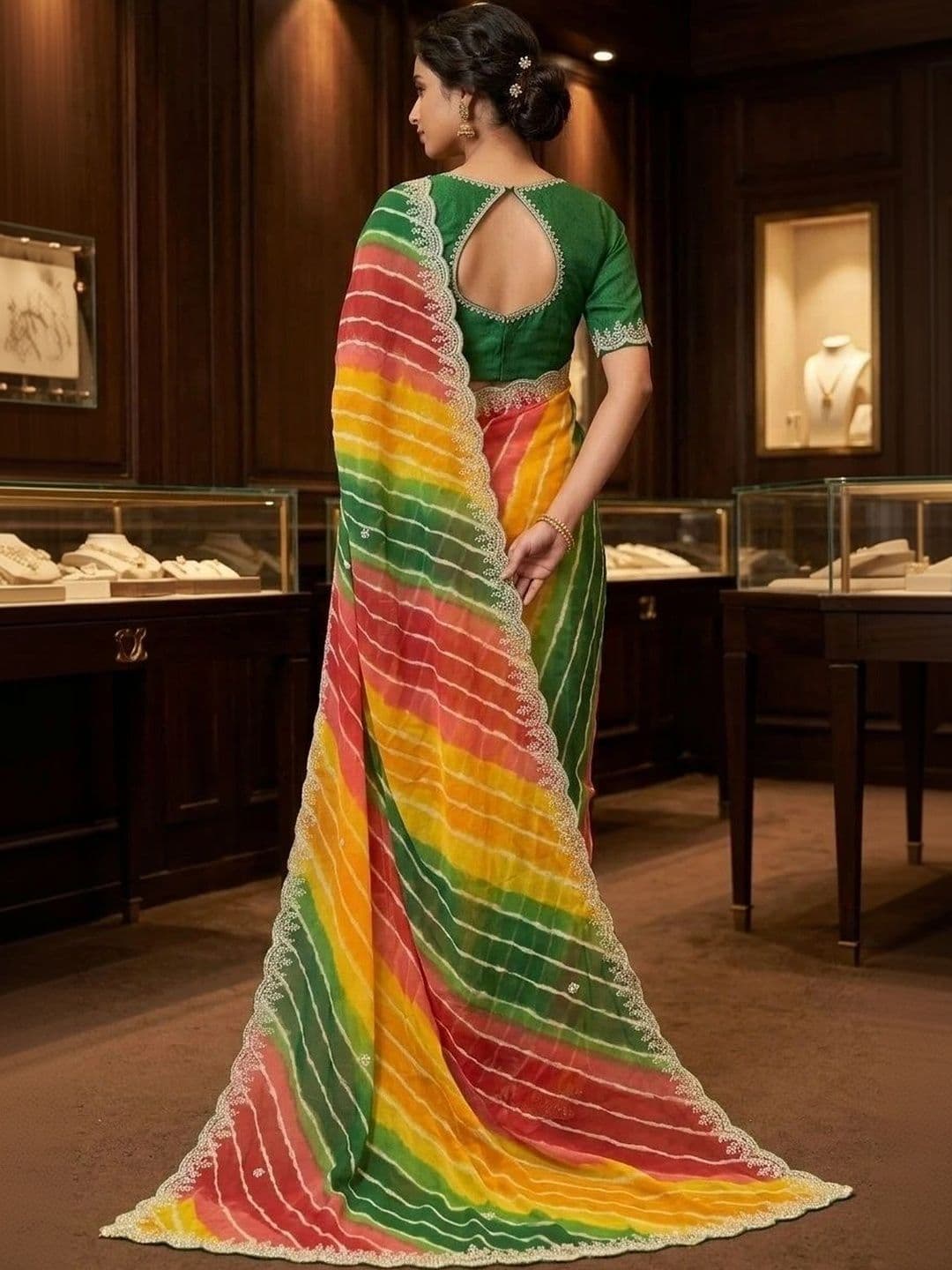 Fashion Mantra Leheriya Embroidered Poly Georgette Saree thumbnail 4