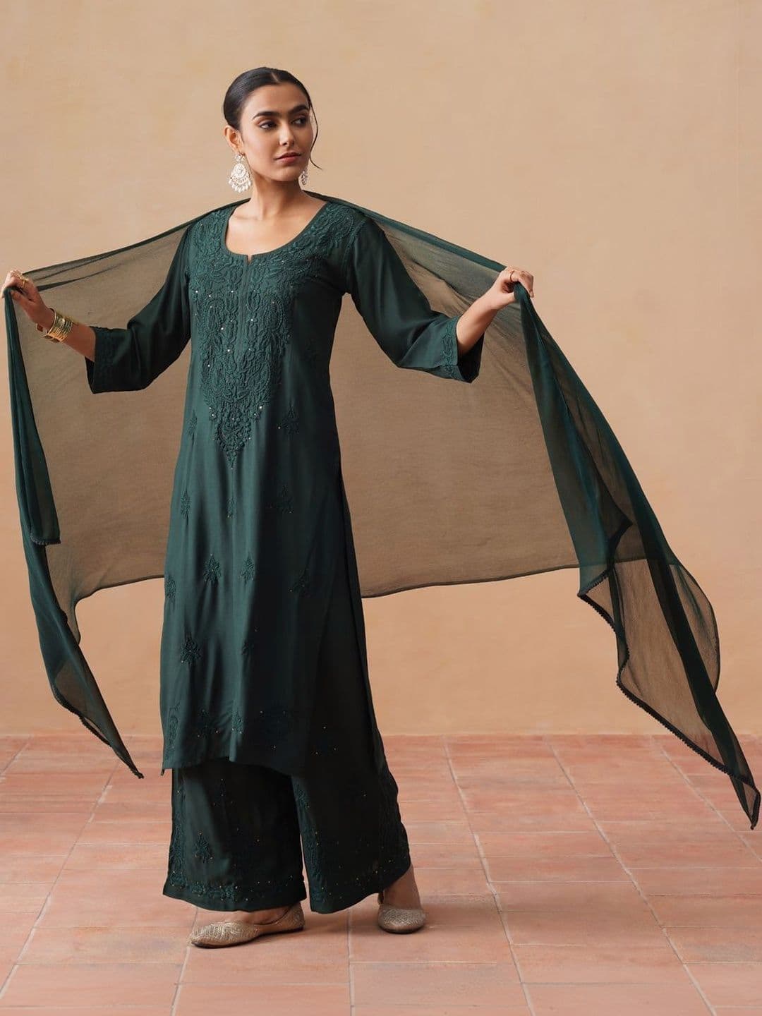 SAZRIKA Women Embroidered Regular Chikankari Kurta with Palazzos & With Dupatta thumbnail 5