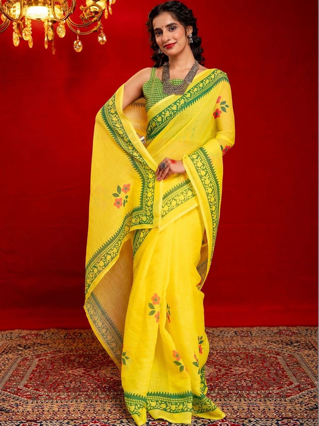 Satrani Floral Printed Pure Linen Saree with Green Border and Blouse Piece thumbnail 6