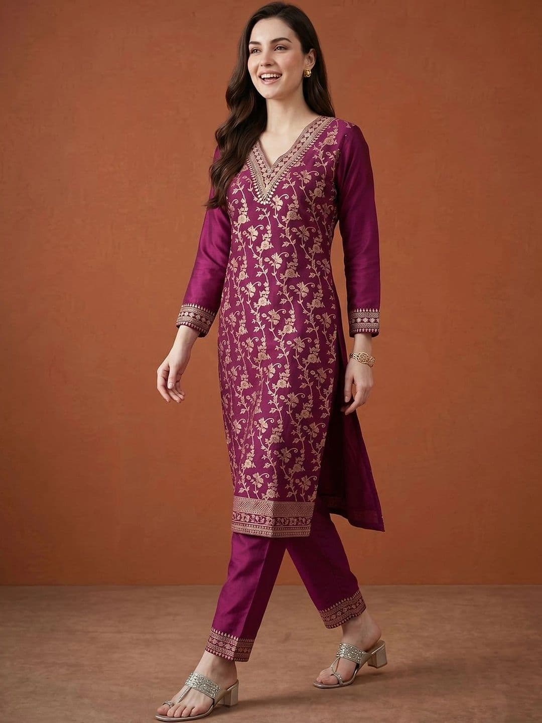SAINOOR Women Ethnic Motifs Embroidered Regular Kurta with Trousers & With Dupatta thumbnail 4
