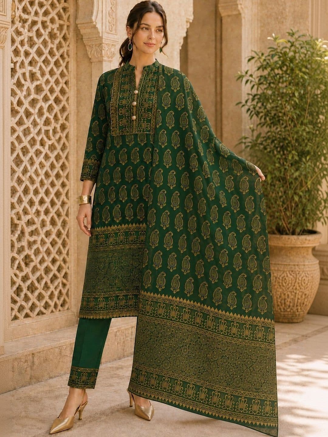 JAIPUR HAND BLOCK Women Ethnic Motifs Printed Regular Pure Cotton Kurta with Trousers & With Dupatta - view 1