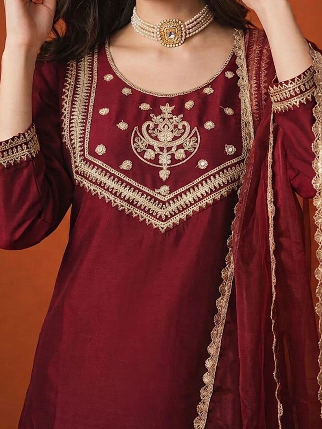 SAINOOR Women Ethnic Motifs Embroidered Regular Thread Work Kurta with Trousers & With Dupatta thumbnail 7