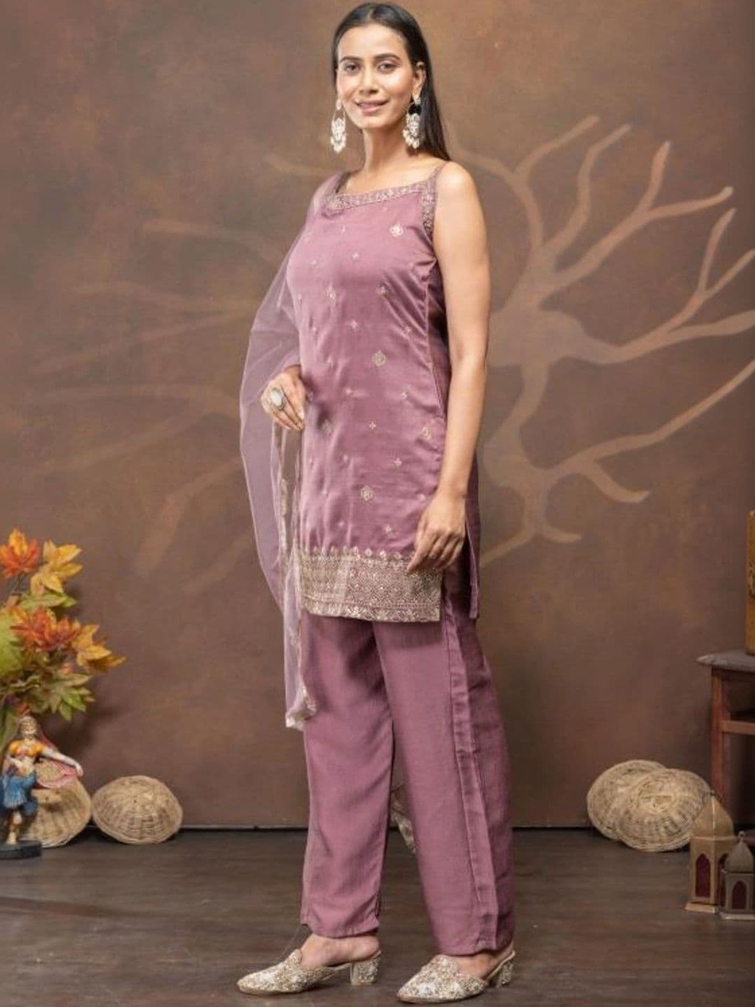 Aditexo Women Ethnic Motifs Embroidered Regular Thread Work Chanderi Silk Kurta with Palazzos & With Dupatta thumbnail 6