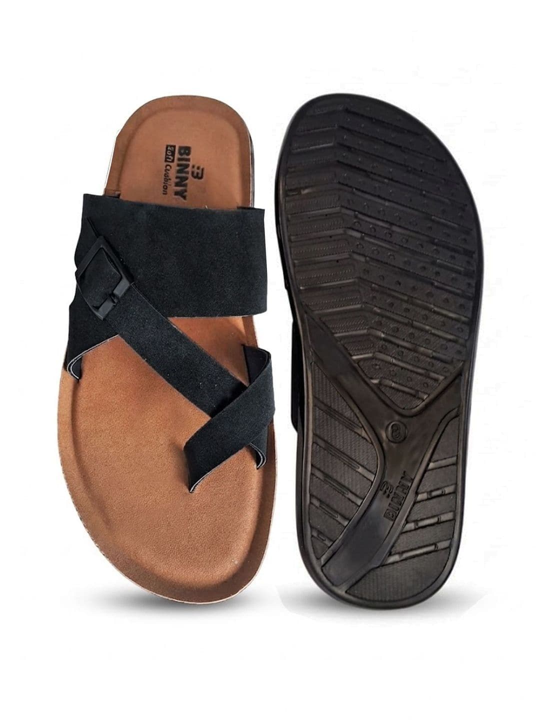 Binny Men Black Synthetic Comfort Toe-Ring Sandals With Buckle Strap thumbnail 3