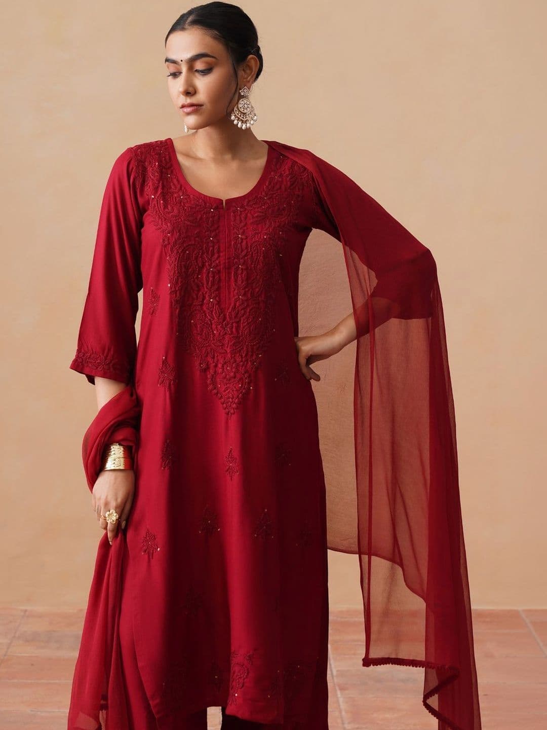 SAZRIKA Ethnic Motifs Embroidered Regular Thread Work Kurta with Palazzos & With Dupatta - view 1