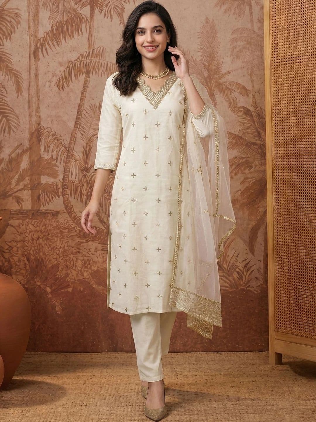SAINOOR Women Ethnic Motifs Embroidered Regular Kurta with Trousers & With Dupatta - view 1