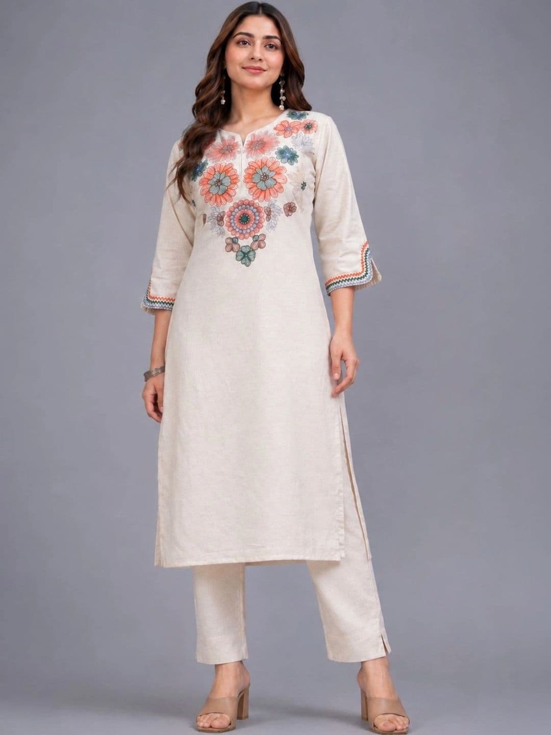 Amayra Women Ethnic Motifs Embroidered Regular Thread Work Pure Cotton Kurta with Trousers thumbnail 2