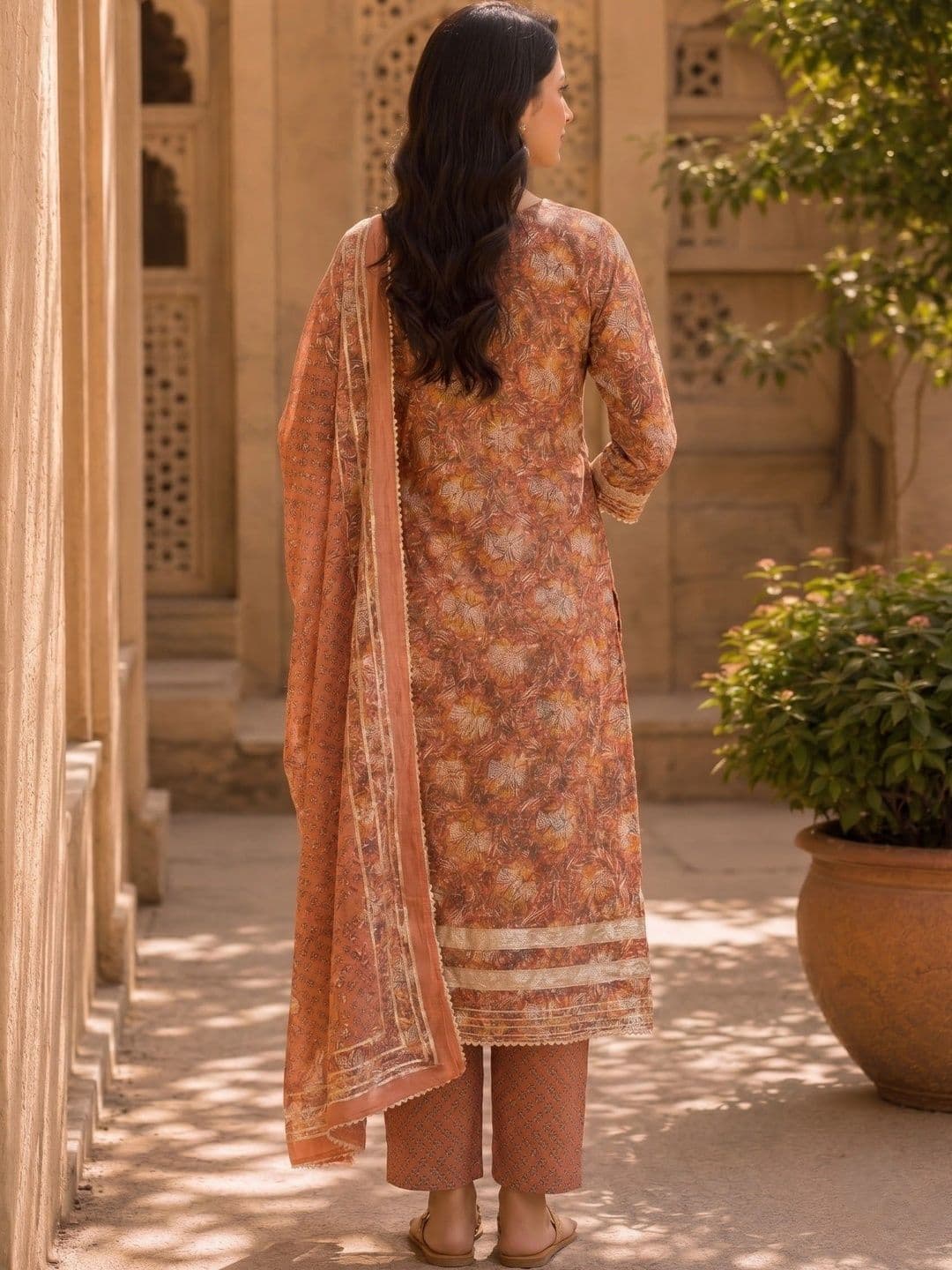 KALINI Women Ethnic Motifs Printed Regular Thread Work Pure Cotton Kurta with Trousers & With Dupatta thumbnail 5