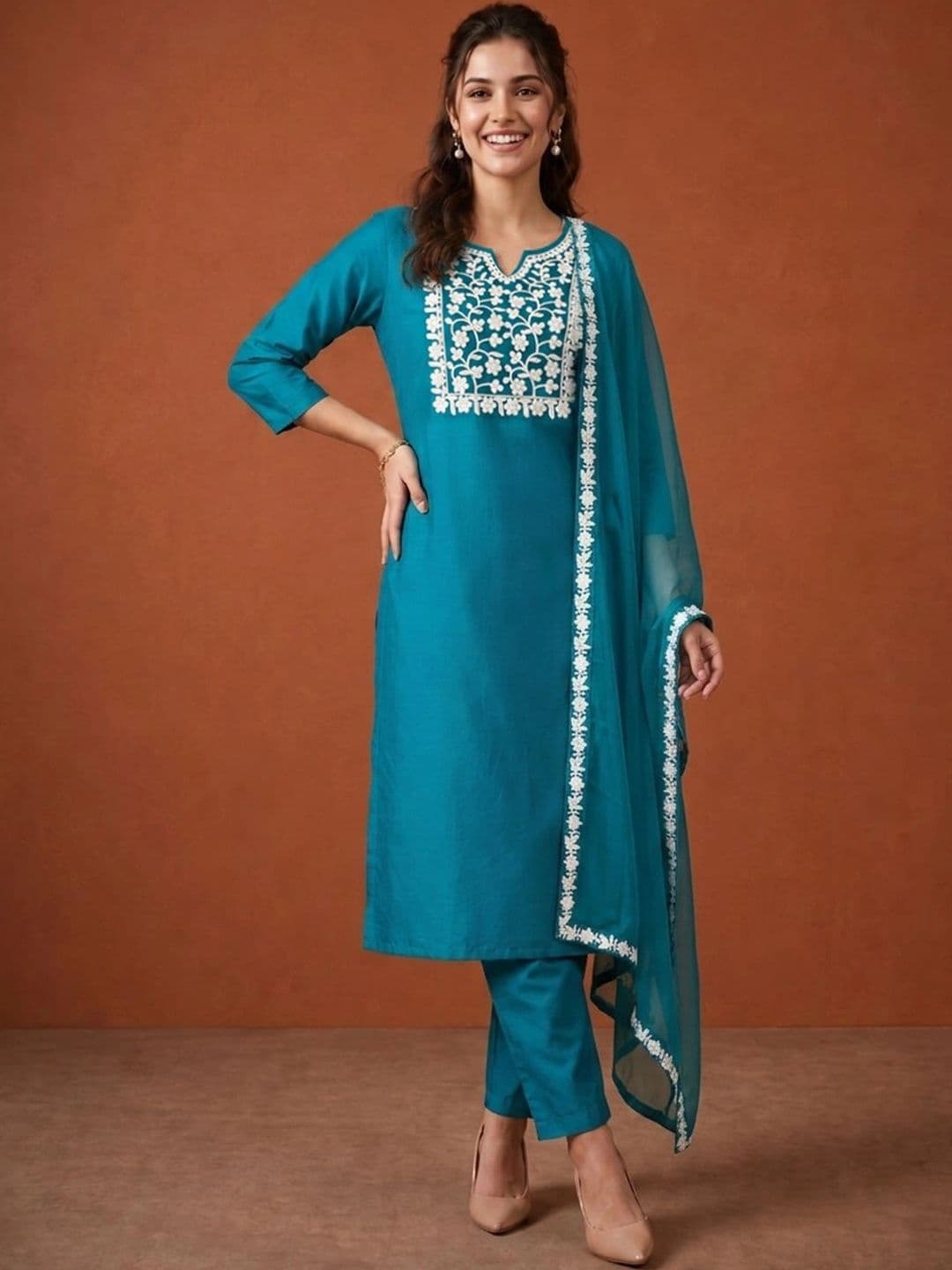 SAINOOR Women Ethnic Motifs Embroidered Regular Thread Work Kurta with Trousers & With Dupatta thumbnail 7