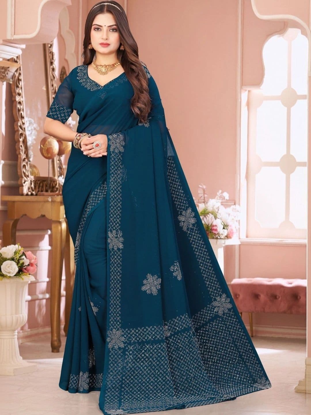 Fashion Mantra Embellished Poly Chiffon Saree - view 1