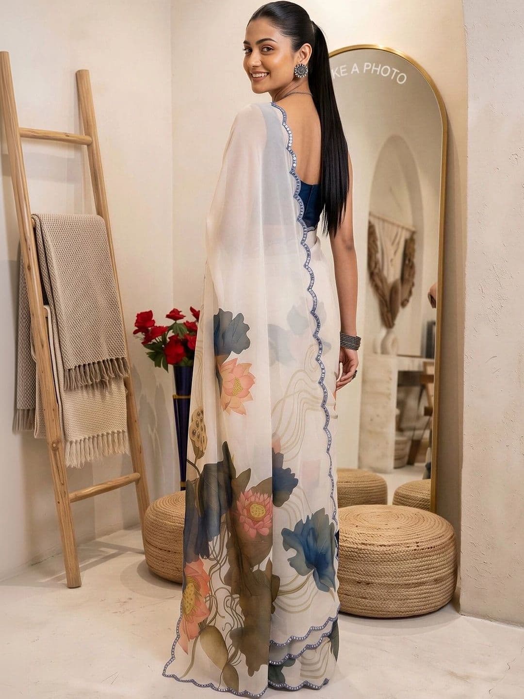 Anouk Floral Mirror Work Poly Chiffon Designer Saree thumbnail 6