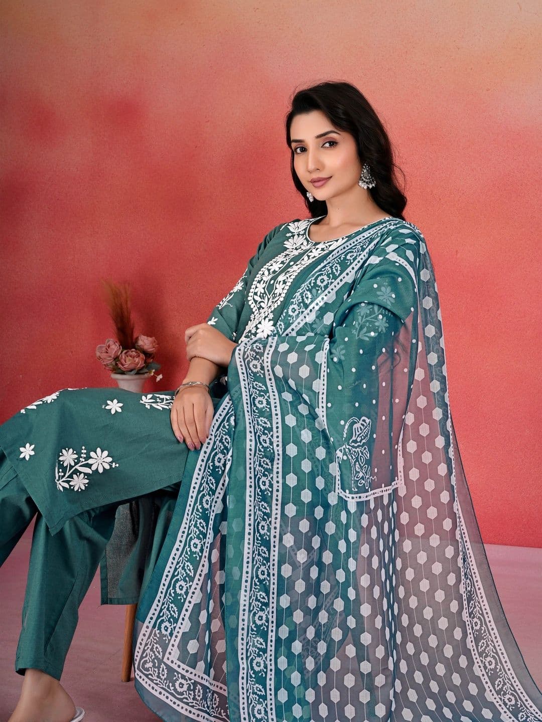 KALINI Women Ethnic Motifs Embroidered Regular Thread Work Pure Cotton Kurta with Trousers & With Dupatta thumbnail 6