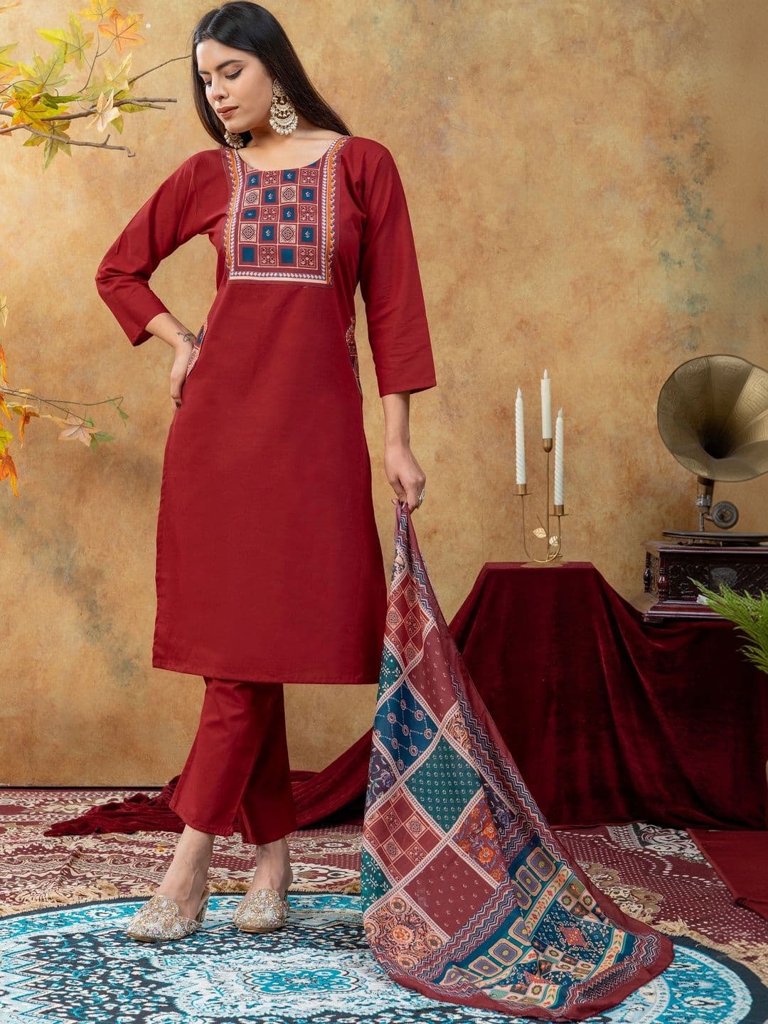 SAINOOR Women Ethnic Motifs Embroidered Regular Thread Work Pure Cotton Kurta with Trousers & With Dupatta thumbnail 4