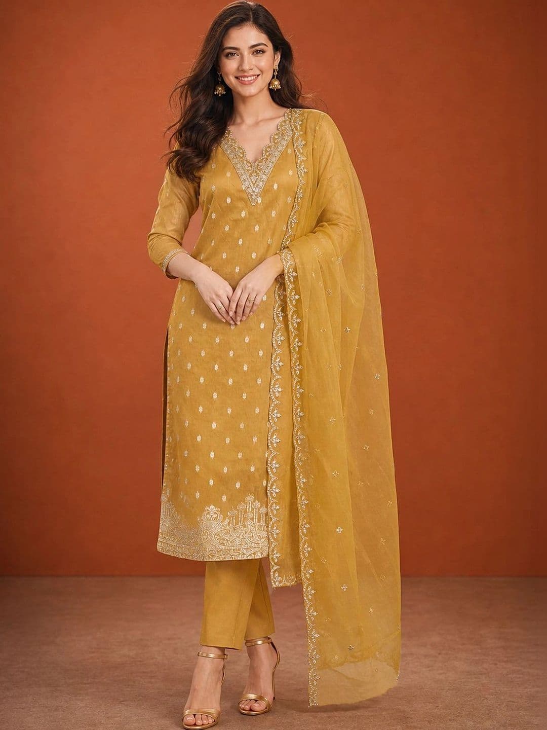 SAINOOR Women Ethnic Motifs Embroidered Regular Thread Work Kurta with Trousers & With Dupatta thumbnail 2