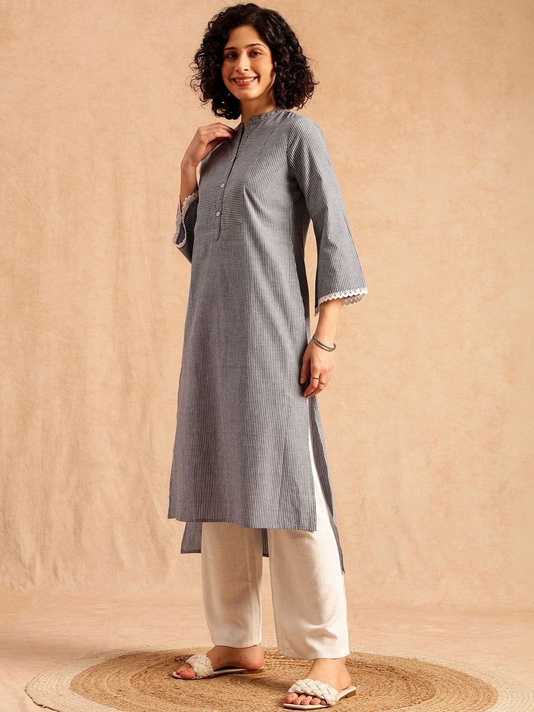 Anouk Women Striped Printed Mandarin Collar Regular Sleeves Kurta thumbnail 3