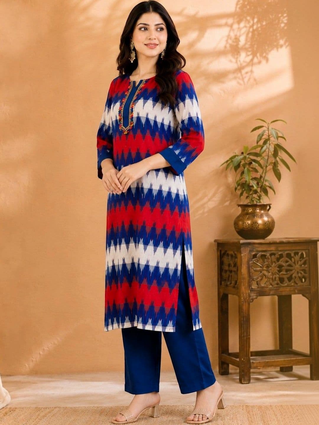EELIKA Women Printed Regular Thread Work Pure Cotton Kurta with Trousers thumbnail 4