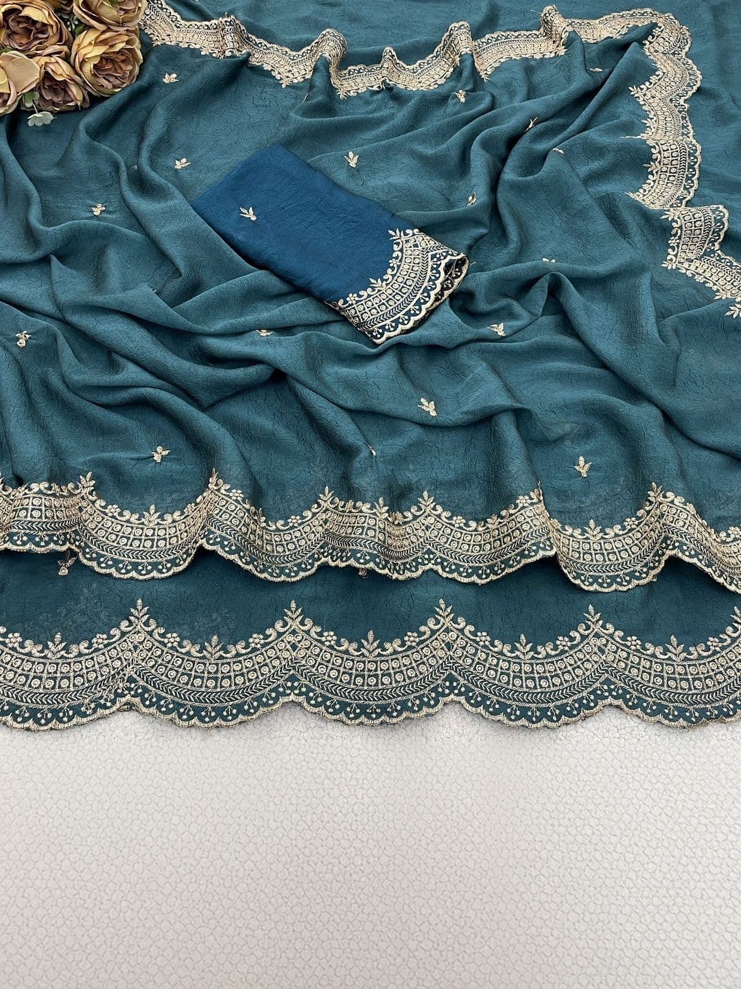 Vastra Drape Ethnic Motifs Embroidered Poly Georgette Saree thumbnail 2