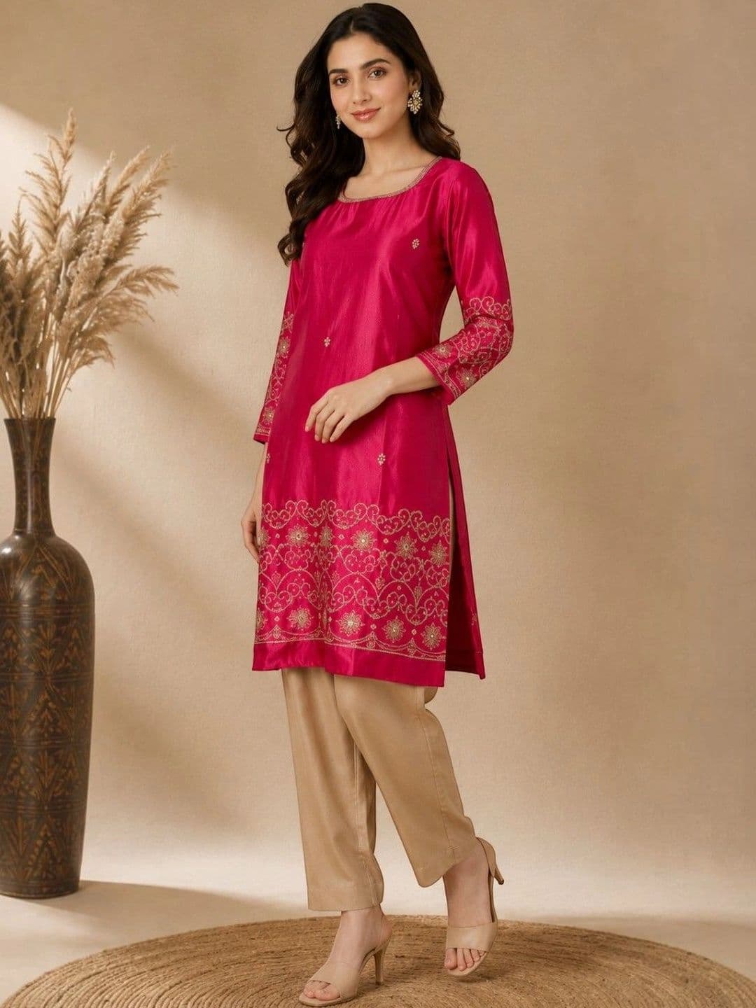 EELIKA Women Ethnic Motifs Embroidered Regular Thread Work Kurta with Trousers thumbnail 2